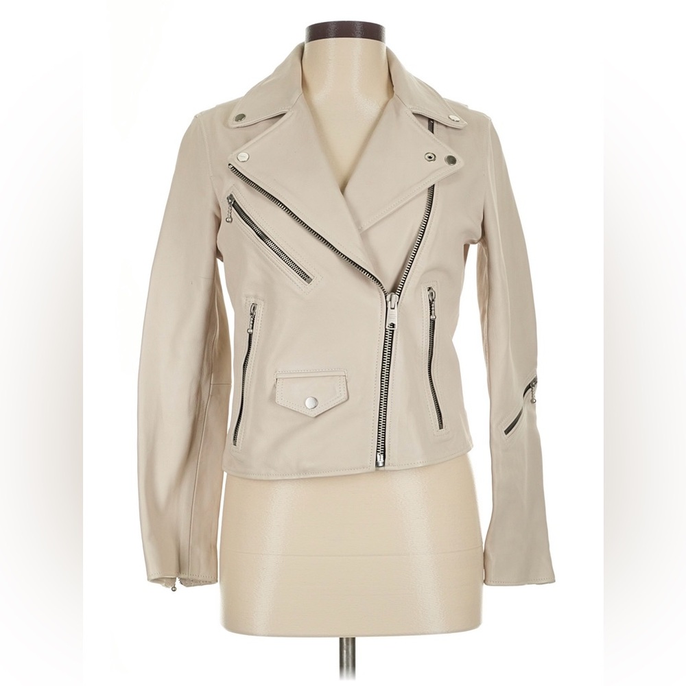 All Saints Riley Biker Leather Jacket Cream Size 8